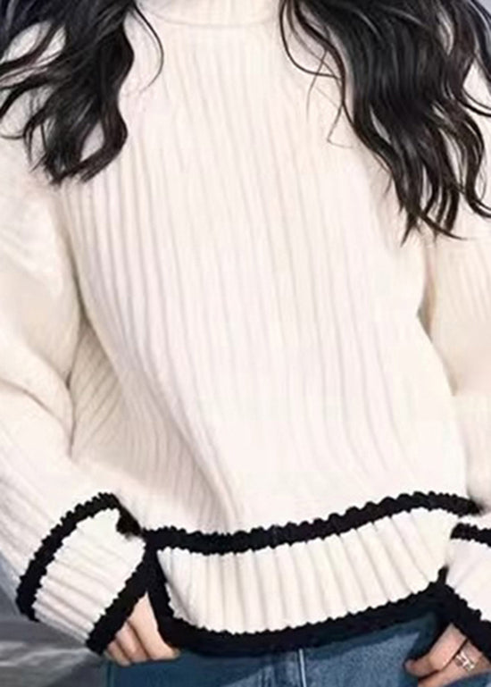 Simple Versatile White O Neck Thick Knit Sweaters Spring