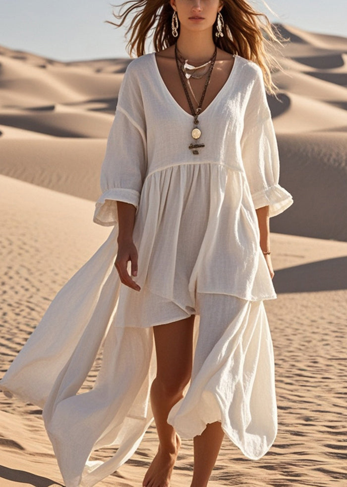 Simple White Asymmetrical Cotton Maxi Dress Summer