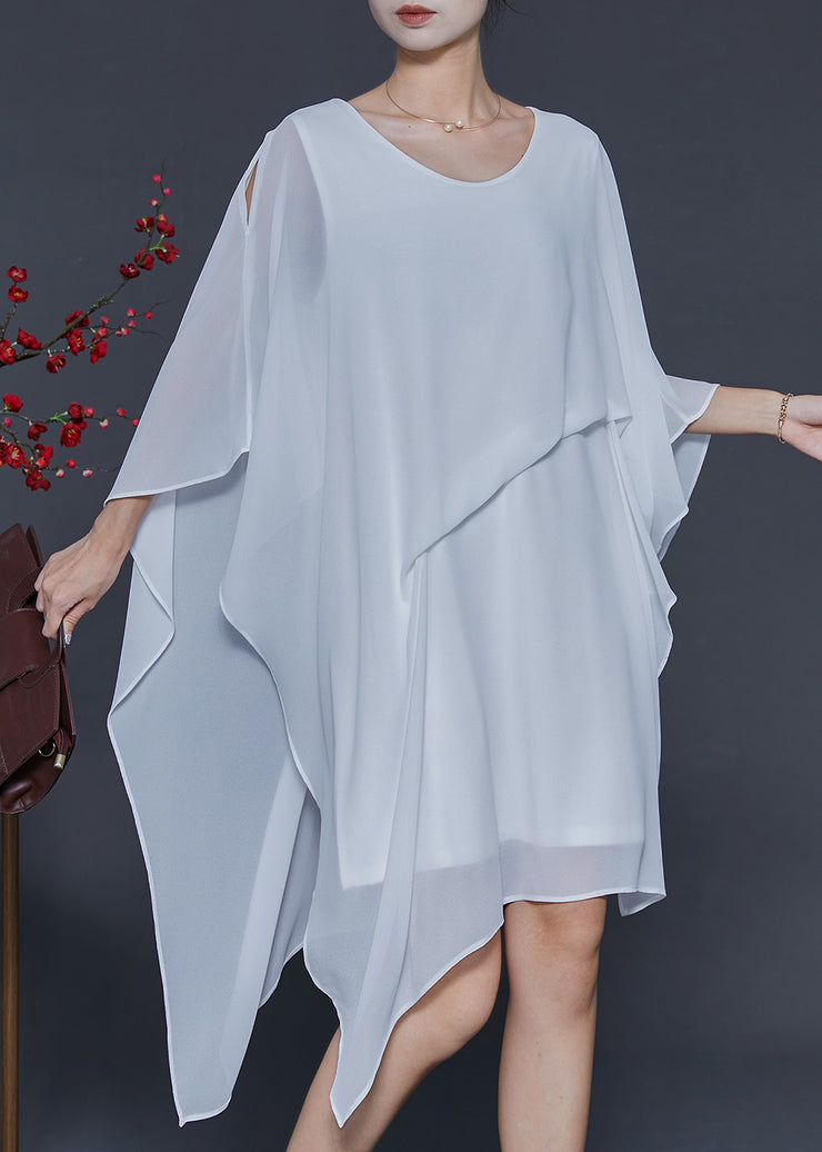 Simple White Asymmetrical Design Chiffon Mid Dress Summer