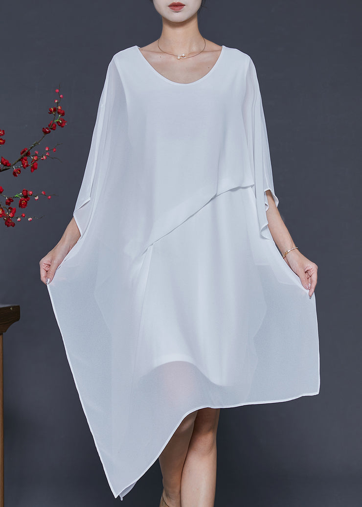 Simple White Asymmetrical Design Chiffon Mid Dress Summer