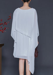 Simple White Asymmetrical Design Chiffon Mid Dress Summer