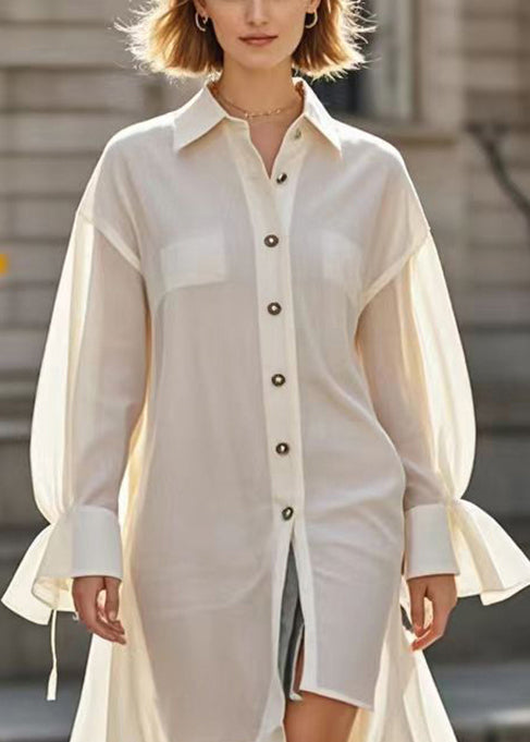 Simple White Asymmetrical Design Cotton Shirt Dress Flare Sleeve