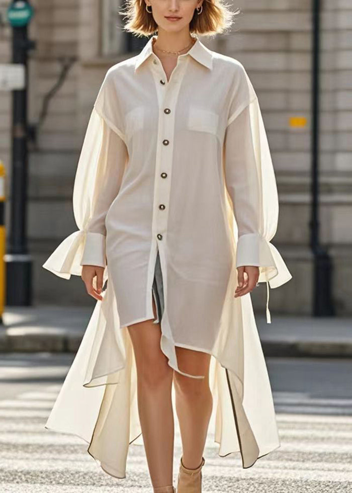 Simple White Asymmetrical Design Cotton Shirt Dress Flare Sleeve