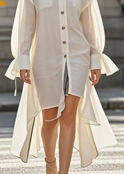 Simple White Asymmetrical Design Cotton Shirt Dress Flare Sleeve