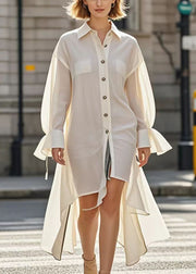 Simple White Asymmetrical Design Cotton Shirt Dress Flare Sleeve