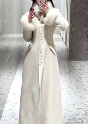 Simple White Button Fur Patchwork Woolen Coat Spring