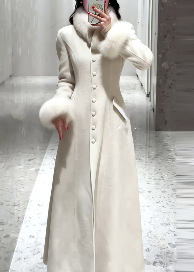 Simple White Button Fur Patchwork Woolen Coat Spring