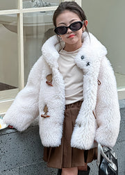 Simple White Button Girls Hooded Leather And Fur Coat Winter