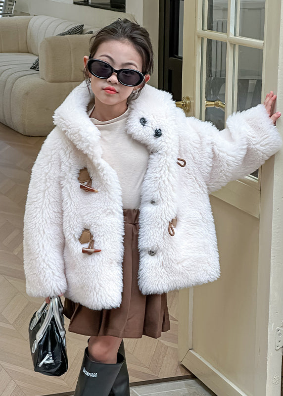 Simple White Button Girls Hooded Leather And Fur Coat Winter