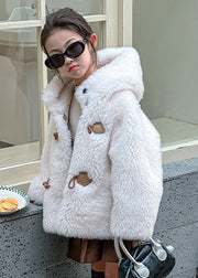 Simple White Button Girls Hooded Leather And Fur Coat Winter