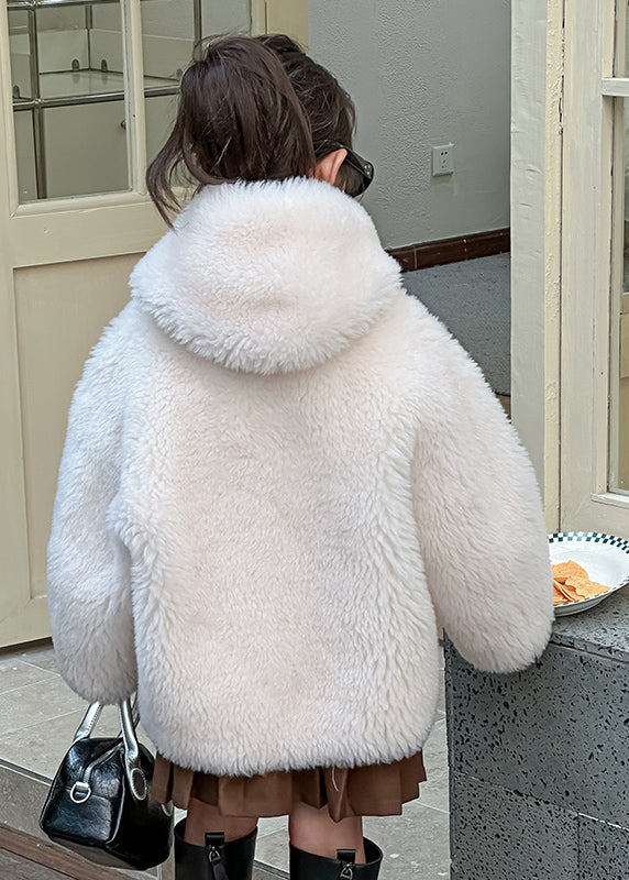 Simple White Button Girls Hooded Leather And Fur Coat Winter