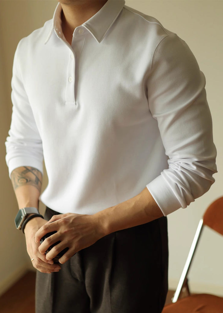 Simple White Button Solid Cotton Men Polo T Shirts Spring