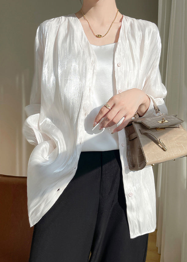 Simple White Button Solid Silk Shirts Fall