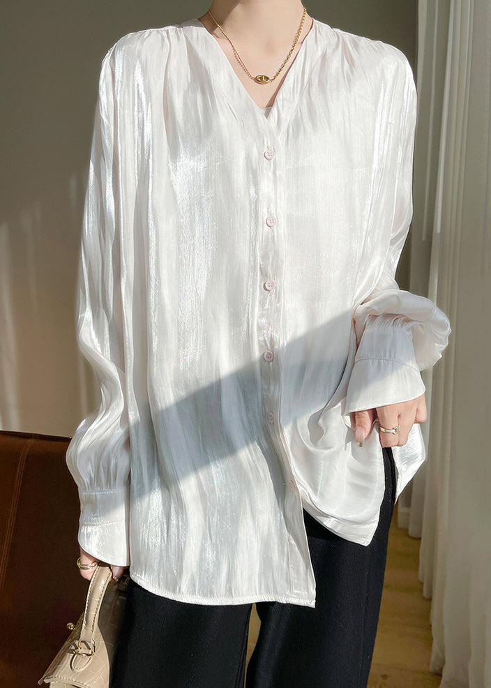 Simple White Button Solid Silk Shirts Fall