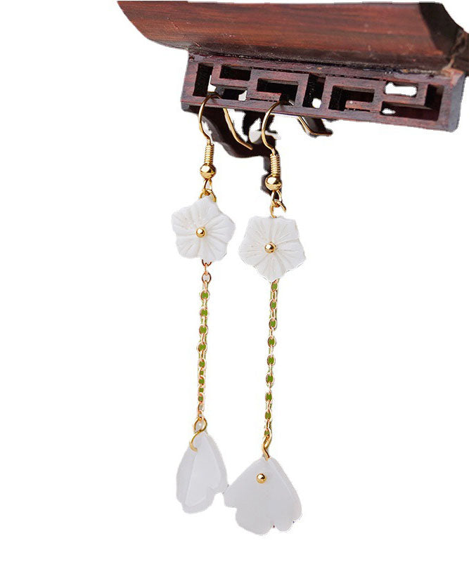 Simple White Coloured Glaze Tassel 14K Gold Drop Earrings