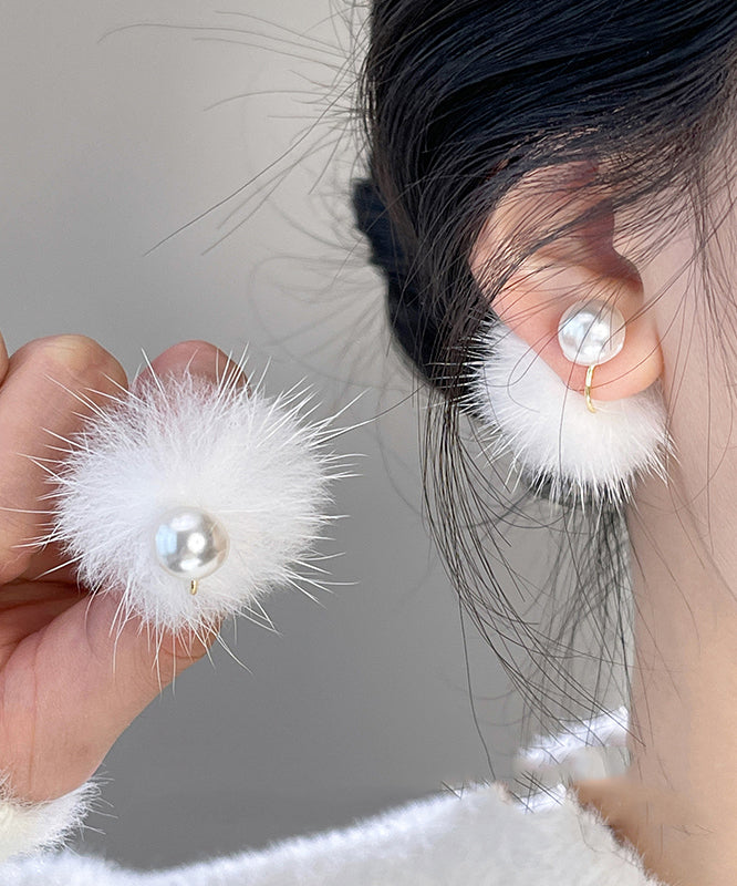 Simple White Copper Alloy Mink Hair Pearl Stud Earrings