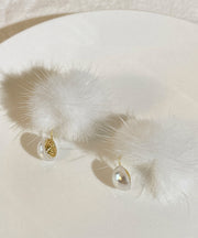 Simple White Copper Alloy Mink Hair Pearl Stud Earrings