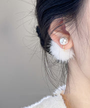 Simple White Copper Alloy Mink Hair Pearl Stud Earrings