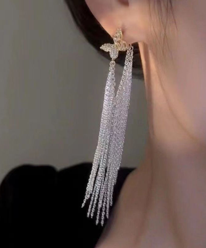 Simple White Copper Butterfly Zircon Tassel Draping Drop Earrings