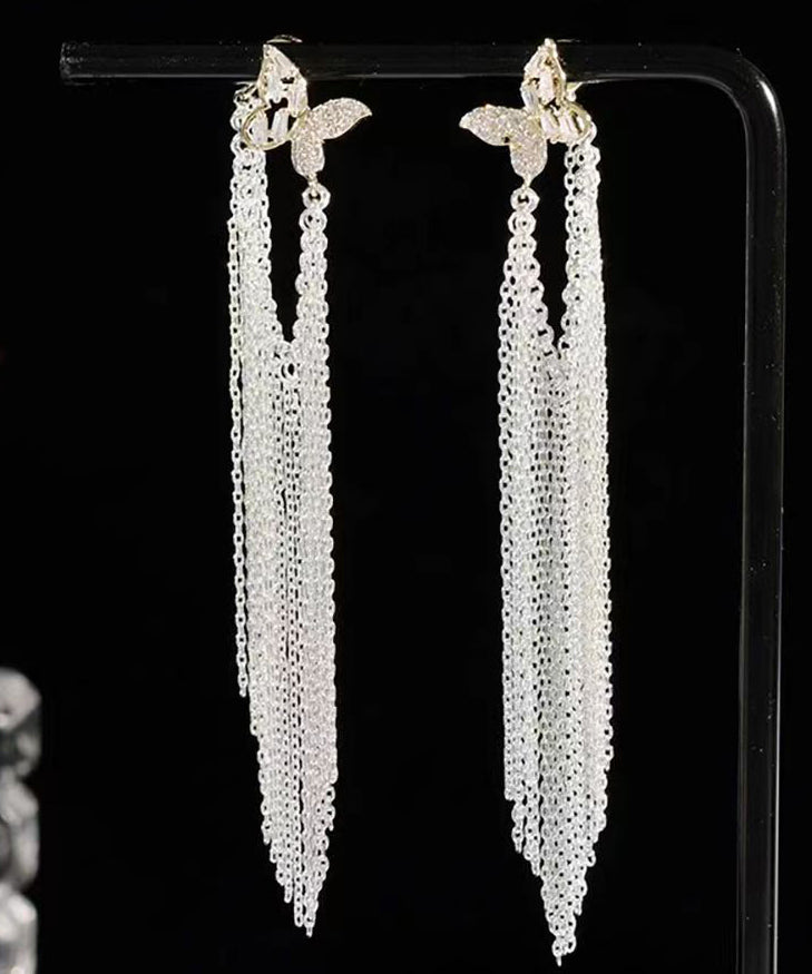 Simple White Copper Butterfly Zircon Tassel Draping Drop Earrings