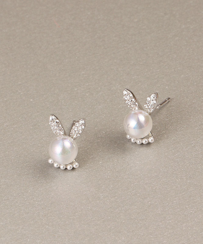 Simple White Cute Rabbit Zircon And Pearl Stud Earrings