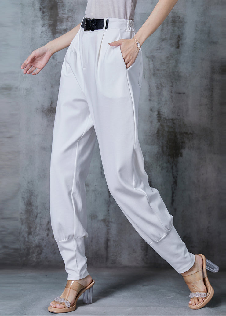 Simple White Elastic Waist Cotton Harem Pants Fall