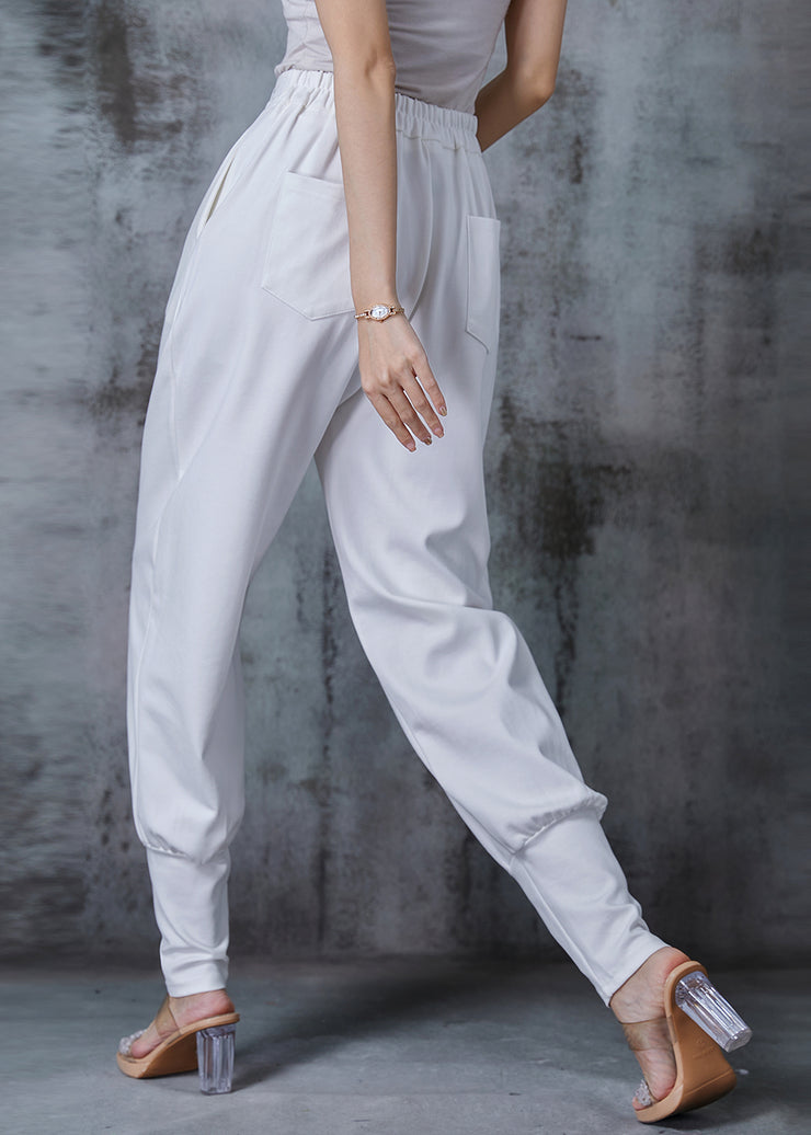 Simple White Elastic Waist Cotton Harem Pants Fall