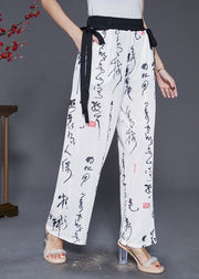 Simple White Elastic Waist Print Chiffon Straight Pants Fall