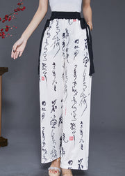 Simple White Elastic Waist Print Chiffon Straight Pants Fall