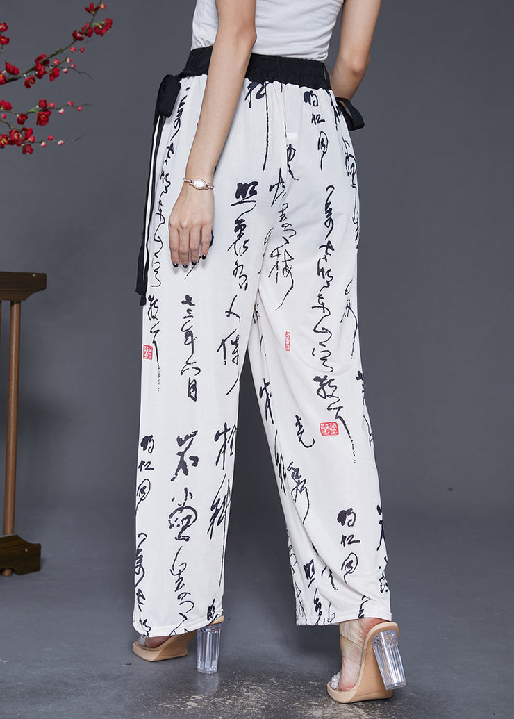 Simple White Elastic Waist Print Chiffon Straight Pants Fall