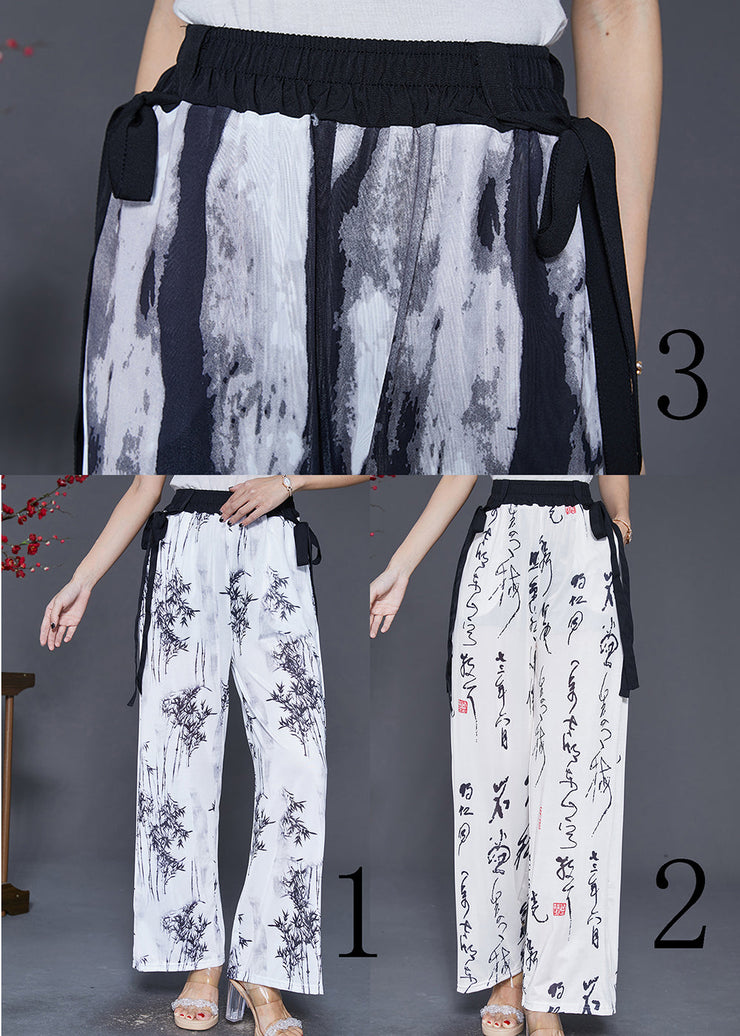 Simple White Elastic Waist Print Chiffon Straight Pants Fall