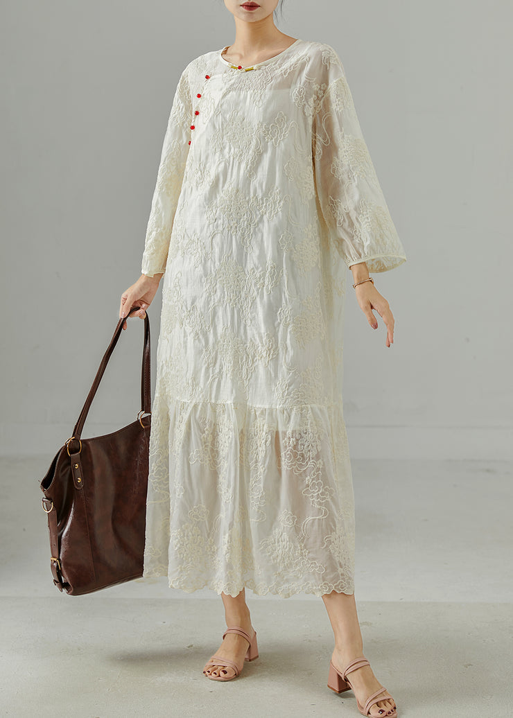 Simple White Embroidered Chinese Button Cotton Dress Summer