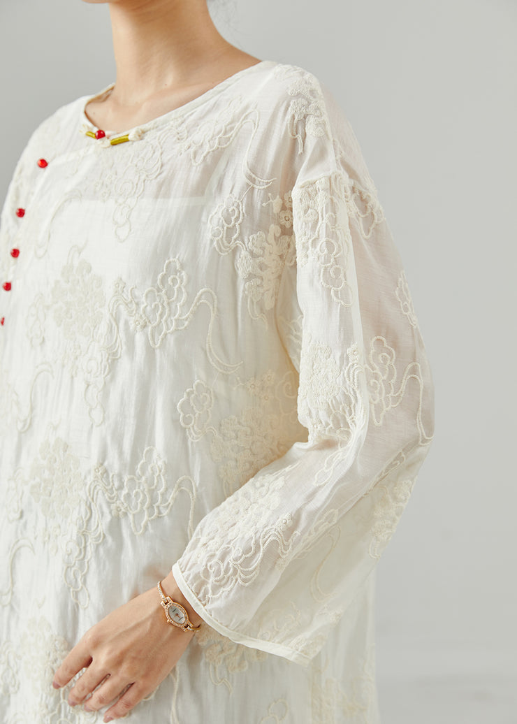 Simple White Embroidered Chinese Button Cotton Dress Summer