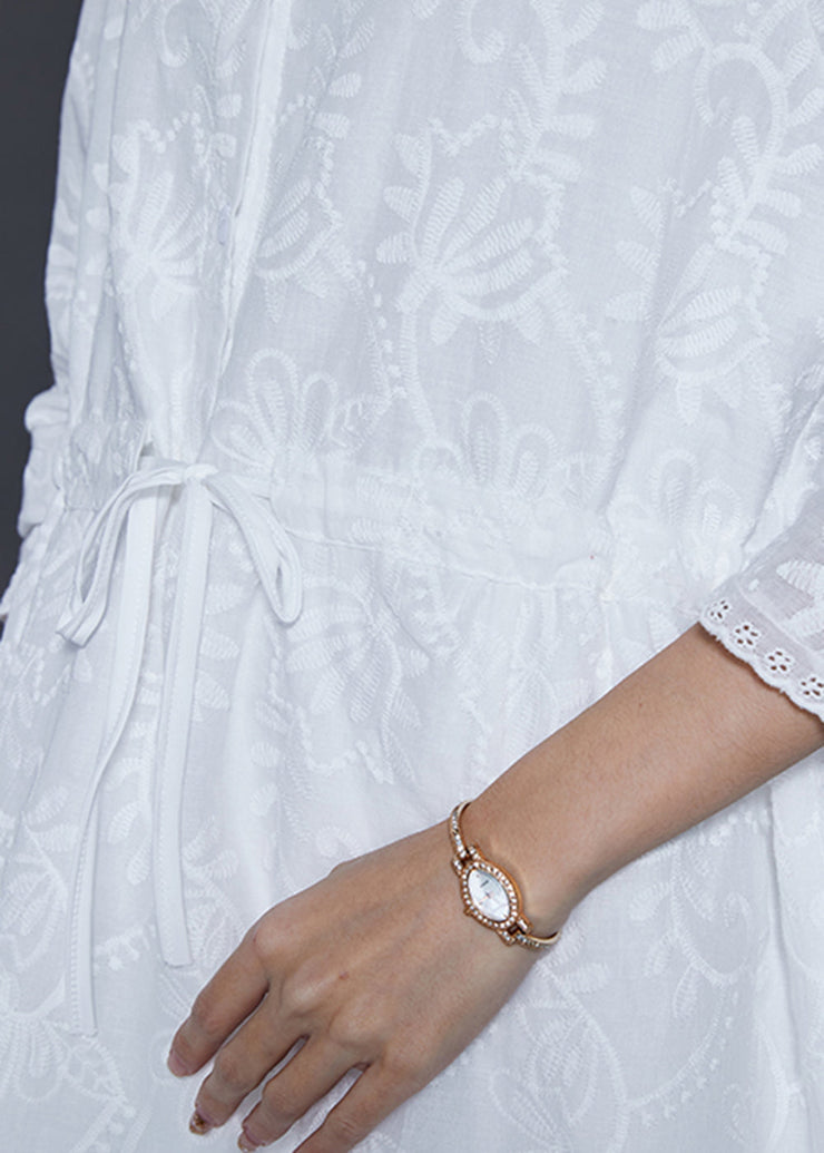 Simple White Embroidered Cotton Cinched Blouse Tops Spring