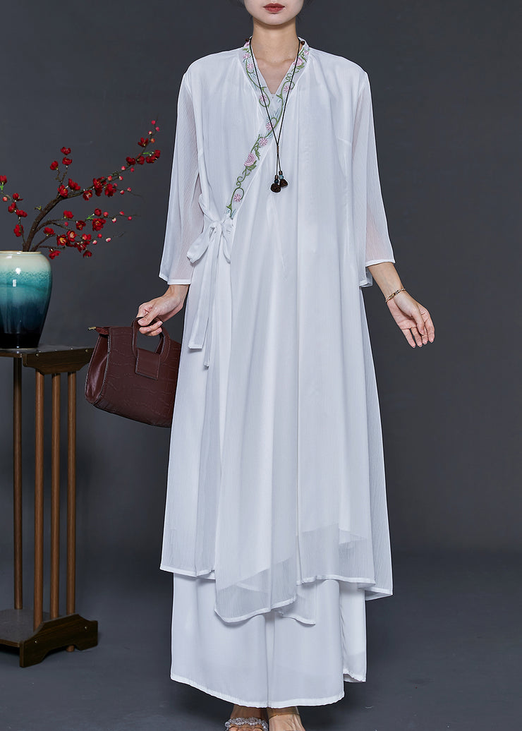 Simple White Embroidered Lace Up Chiffon Dresses Summer