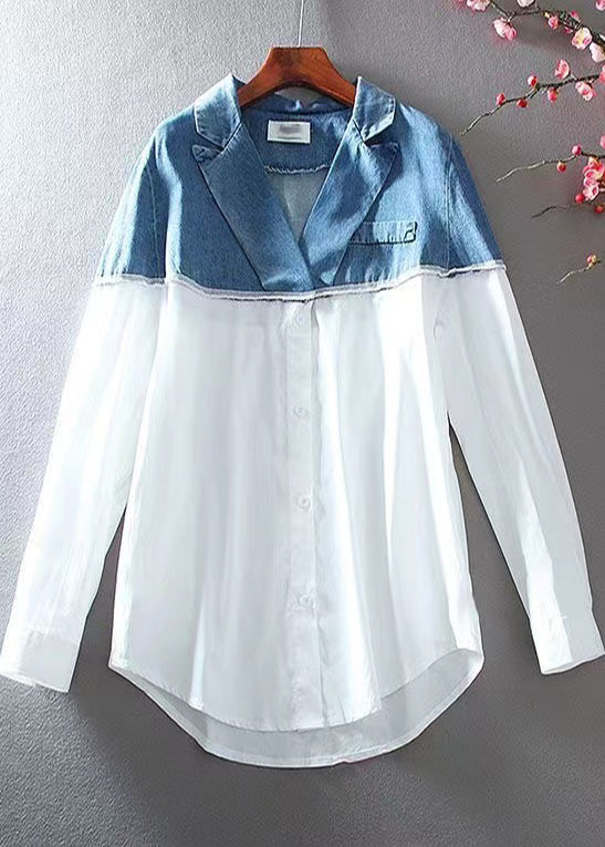 Simple White Embroidered Patchwork Denim Shirt Top Spring