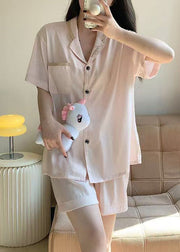 Simple White Embroidered Pockets Ice Silk Pajamas Two Pieces Set Summer