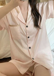 Simple White Embroidered Pockets Ice Silk Pajamas Two Pieces Set Summer