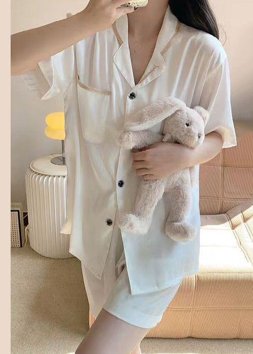 Simple White Embroidered Pockets Ice Silk Pajamas Two Pieces Set Summer