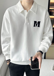 Simple White Embroideried Button Warm Fleece Men Sweatshirt Spring