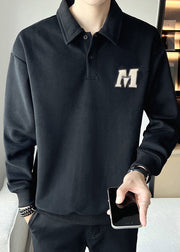 Simple White Embroideried Button Warm Fleece Men Sweatshirt Spring