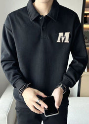 Simple White Embroideried Button Warm Fleece Men Sweatshirt Spring