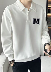 Simple White Embroideried Button Warm Fleece Men Sweatshirt Spring