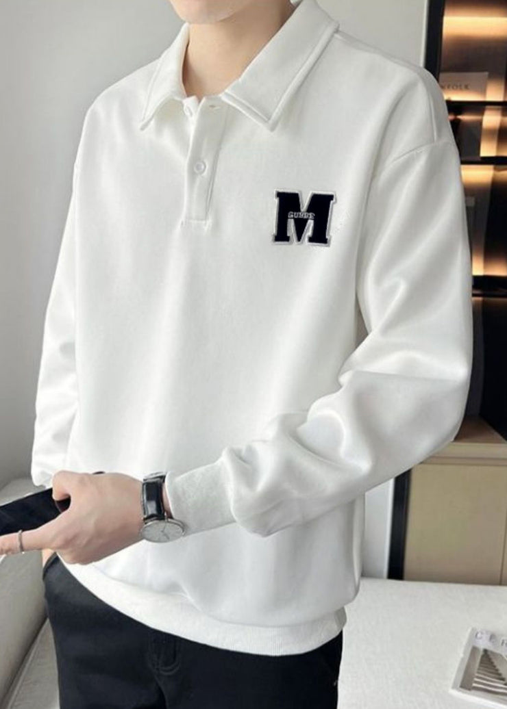 Simple White Embroideried Button Warm Fleece Men Sweatshirt Spring