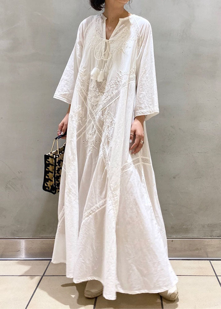 Simple White Embroidered Hollow Out Cotton Long Dresses Spring