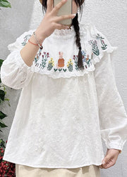 Simple White Embroideried Lace Patchwork Cotton Top Long Sleeve