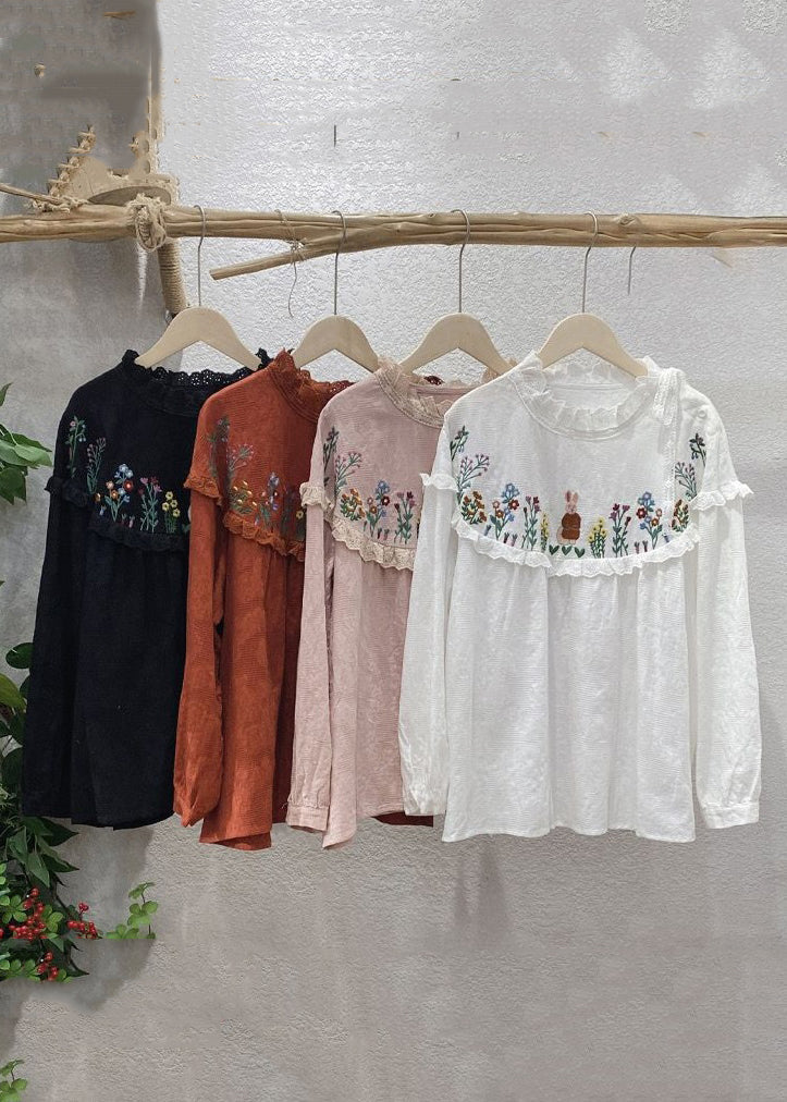 Simple White Embroideried Lace Patchwork Cotton Top Long Sleeve