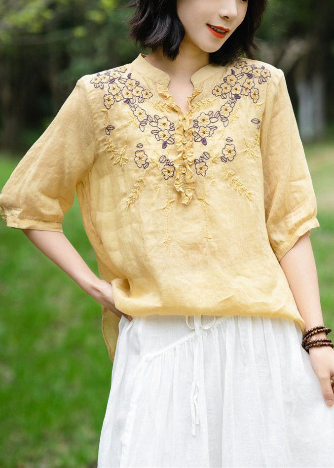 Simple Yellow  Embroidered Ruffled Linen Shirt Top Summer