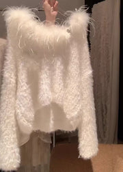 Simple White Fur Collar Cozy Solid Knit Sweater Spring