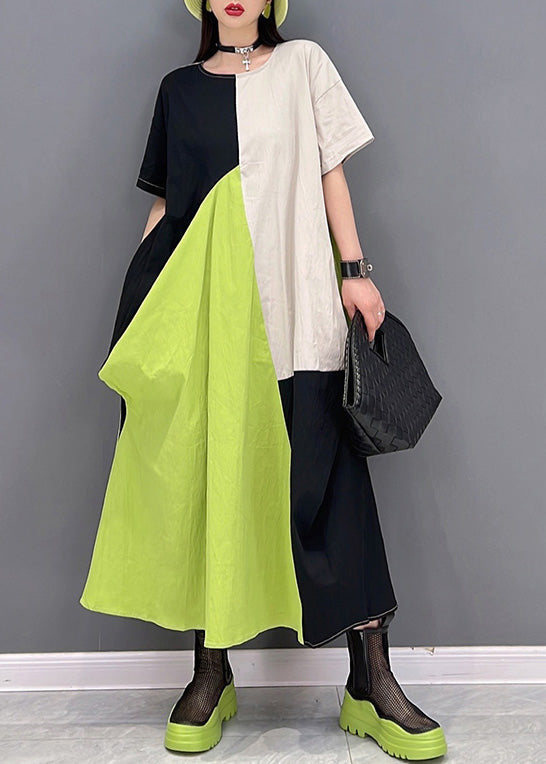 Simple White Green O-Neck Patchwork Long Dresses Short Sleeve